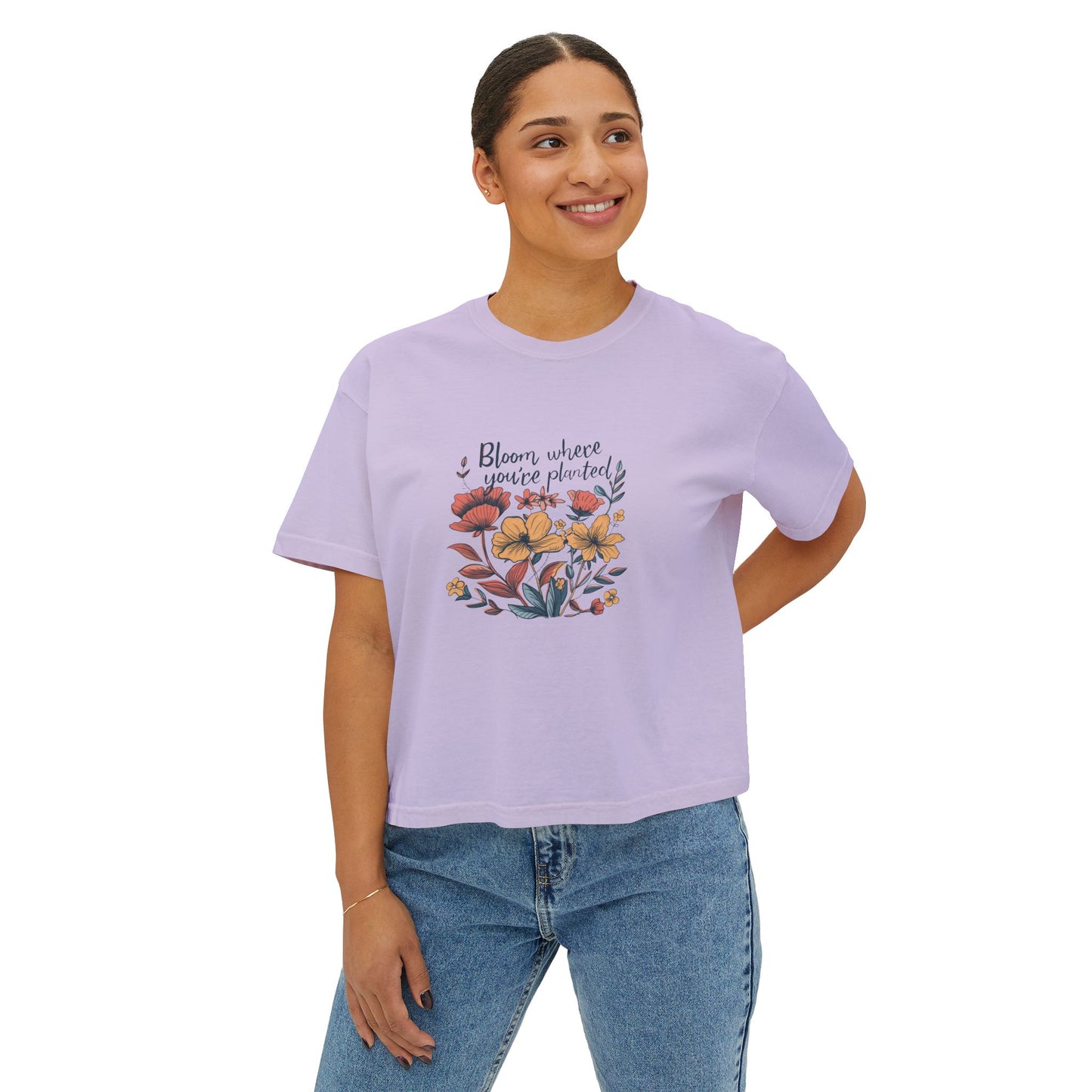 Bloom Where You’re Planted Women’s Boxy Tee – Floral Inspirational Graphic Shirt