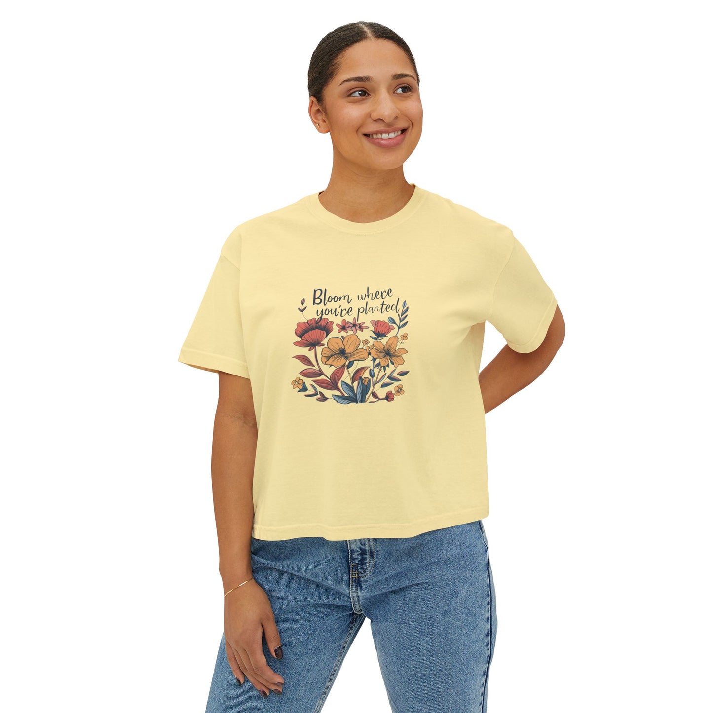Bloom Where You’re Planted Women’s Boxy Tee – Floral Inspirational Graphic Shirt